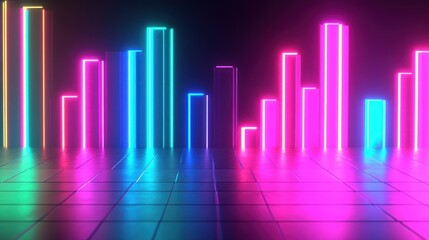 Neon rectangular shapes, various bright colors, glowing on a tiled floor, creating a futuristic, vibrant visual