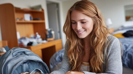 Young woman smiles while organizing her backpack in a cozy hotel room during the afternoon