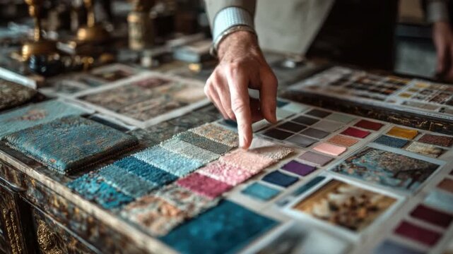 Colorful fabric swatches displayed on a wooden table with various textures and hues, showcasing a creative design process in a studio setting
