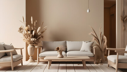 Neutral wooden living room with dried flowers and rustic home decor elements, set against a modern beige interior background, featuring a blend of natural textures and earthy tones