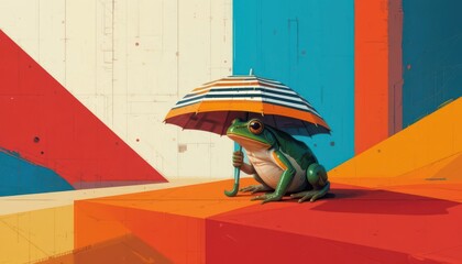 Modern Art Depiction of a Frog Hiding Under a Striped Umbrella in a Bold, Geometric Environment.