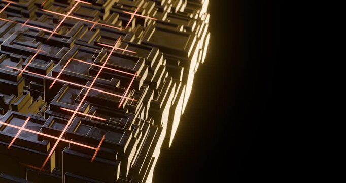 Anima&ccedil;&atilde;o 4K em loop de uma cidade/circuito eletr&ocirc;nico formada por blocos geom&eacute;tricos, atravessada por linhas luminosas vermelhas. Visual tecnol&oacute;gico com copy space &agrave; direita