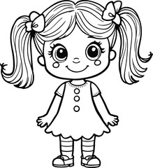 Black and white cartoon girl with pigtails, striped leggings, and dress&mdash;child-friendly illustration for coloring use