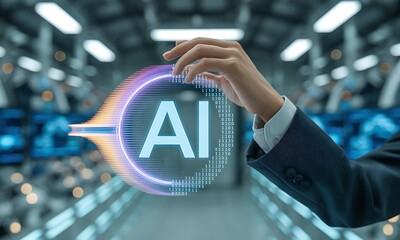 Business hand holding glowing AI digital interface with binary code in futuristic server room, ideal for illustrating artificial intelligence and data technology concepts