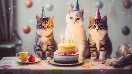 Cat birthday party. Kitten celebration with cake and ice cream and candles. Pet party. Party animal