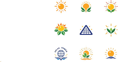 Obraz premium Eco solar energy icons set with sun, leaves, panels, water, and nature symbols for sustainability and green technology