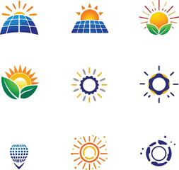 Obraz premium Colorful solar energy icons set featuring sun, leaves, panels, gear, balloon, and abstract eco-friendly symbols