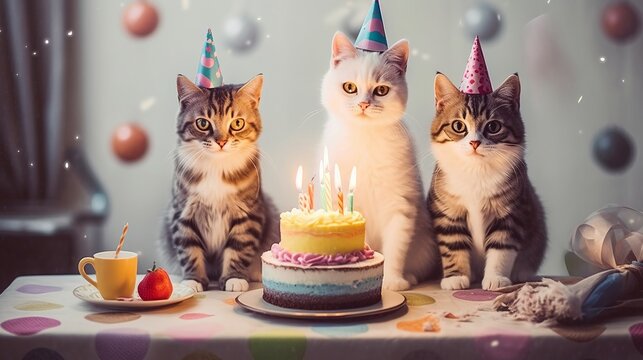 Cat birthday party. Kitten celebration with cake and ice cream and candles. Pet party. Party animal
