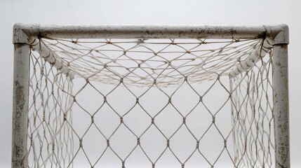 Fototapeta premium A closeup view of a weathered white soccer goal net and frame against a plain background