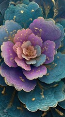 A digitally rendered, stylized flower in shades of teal, purple, and pink, adorned with gold accents; intricate layered petals create a three-dimensional effect