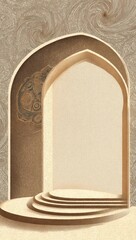 A digitally rendered image depicts a beige, arched entryway with a subtle floral design on one side, leading to a light-toned, three-stepped platform against a swirling background