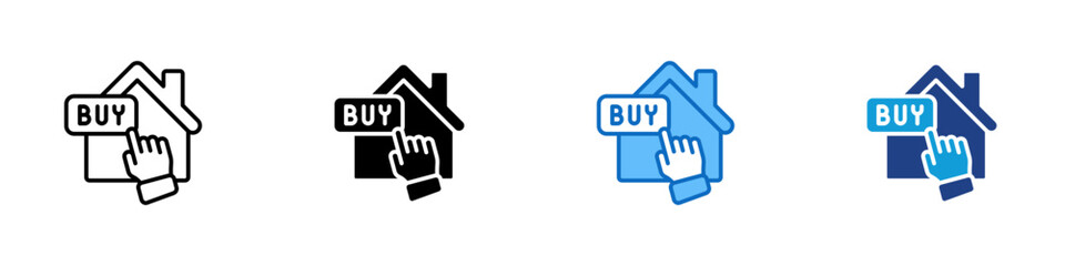 Home Buy Multiple Style Icon Design Vector - House with a hand pressing a “BUY” button, symbolizing online property purchase or real estate investment