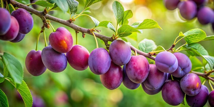 Lush Green Leaves & Ripe Davidson's Plums Hanging from Branch - Australian Native Fruit Stock Photo