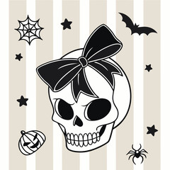 Fototapeta premium Vector art of cute cartoon skull with a bow and halloween elements like bats, spiders, and pumpkins, on a striped background