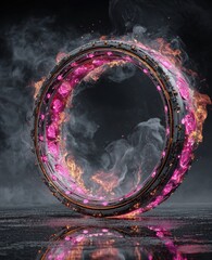 A fiery, metallic ring, adorned with pink gems, rests on a dark, reflective surface, enveloped in swirling smoke and flames; a surreal, digital rendering