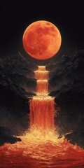 A fiery, blood-red moon hangs low, seemingly pouring molten lava down a three-tiered waterfall into a fiery pool between dark, silhouetted mountains under a night sky