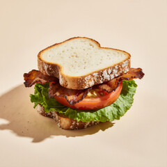 BLT sandwich on toasted bread with bacon, lettuce, and tomato on a light beige background, three-quarter studio shot with a soft grounded shadow