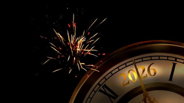 abstract retro countdown clock 2026 with real colorful firework explosion for motion design happy new year greeting card