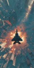 A fighter jet descends through a fiery, densely packed cityscape, viewed from a dramatic low-angle perspective, creating a sense of impending action and intense atmosphere