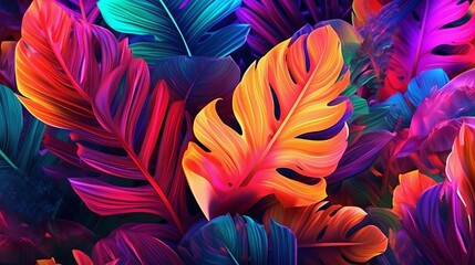 Creative fluorescent color layout made of tropical lea