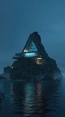 A futuristic, glass-and-steel A-frame house perched atop a dark, rocky outcrop, illuminated from within, sits serenely on a calm, dark-blue body of water at twilight, with a slight fog