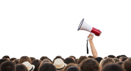 Hand holding a megaphone above a large crowd of people detailed illustration featuring broadcasting, protestors, addressing, crowd,