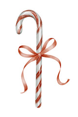 Hand-drawn watercolor illustration of red and white Christmas candy cane with festive ribbon bow on white background. Perfect for postcards, invitations, packaging, holiday design and seasonal decor.