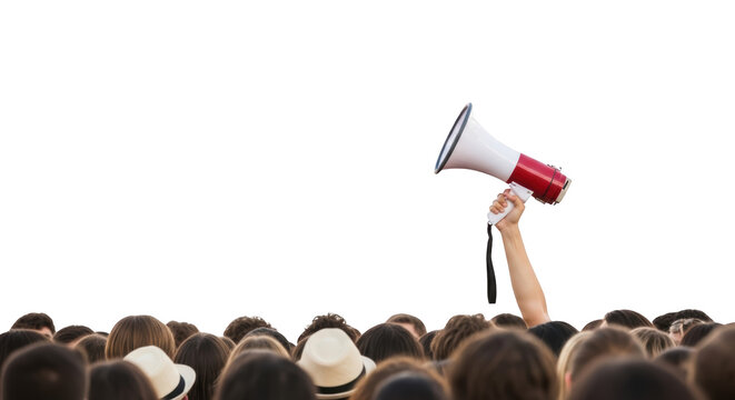 Hand Holding Megaphone Raised Above a Diverse Crowd detailed illustration featuring advocacy, hand, human, sound, speaker,
