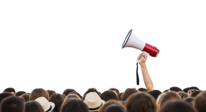 Hand Holding Megaphone Raised Above a Diverse Crowd detailed illustration featuring advocacy, hand, human, sound, speaker,