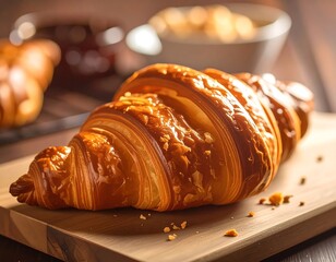 Close-up of a golden-brown croissant on wood