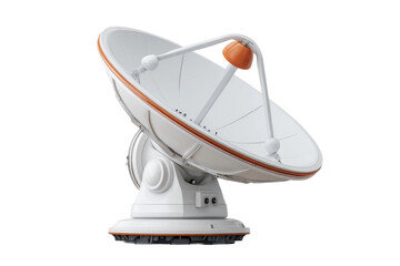 Large white satellite dish with orange details on white background, cut out