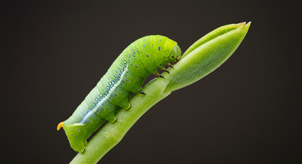 Bright green caterpillar crawling on a leaf bud against black background, showing detailed texture and vivid colors.