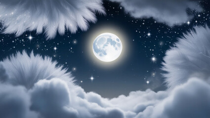Night sky background with full moon glowing, soft scattered clouds, shining stars around, mysterious yet peaceful mood
