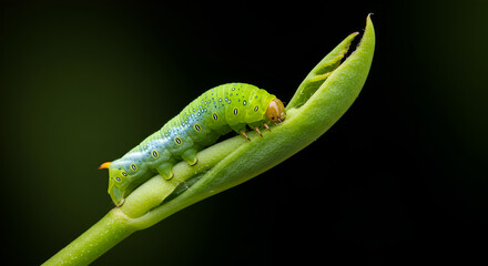 Bright green caterpillar crawling on a leaf bud against black background, showing detailed texture and vivid colors.