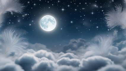 Night sky background with full moon glowing, soft scattered clouds, shining stars around, mysterious yet peaceful mood