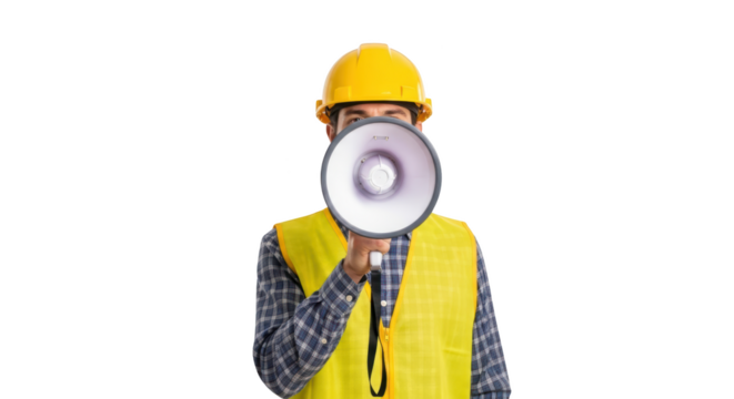 Male construction worker shouting through a megaphone detailed illustration featuring communication, shouting, megaphone, communicating, safety, background - Powered by Adobe