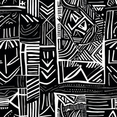 A bold black and white abstract African mud cloth inspired vector pattern featuring tribal and geometric motifs featuring intricate lines and shapes.