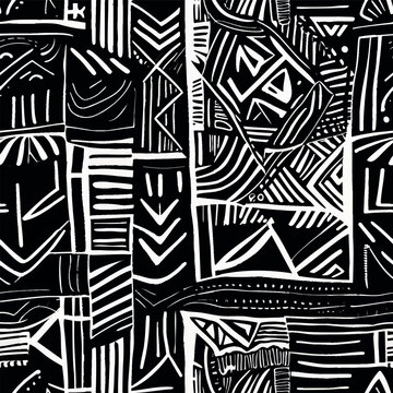 A bold black and white abstract African mud cloth inspired vector pattern featuring tribal and geometric motifs featuring intricate lines and shapes.