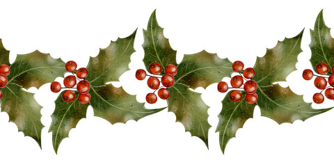 Christmas holly border with green leaves and red berries, drawing made with watercolor technique on white background. Perfect for cards, invitations, packaging, labels, and festive holiday decoration.