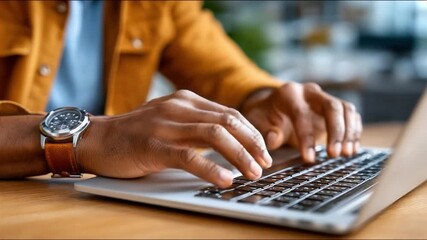 Digital Dexterity: A close-up perspective captures a focused professional's hands swiftly navigating a laptop keyboard, illustrating the seamless interface of technology and modern workspace. - Powered by Adobe