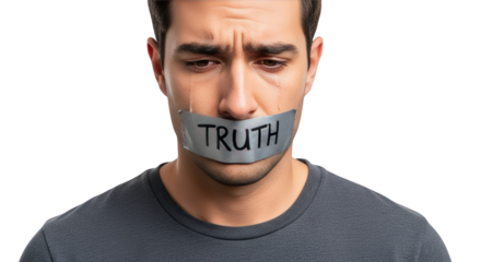 Mans Mouth Sealed with Tape Word Truth detailed illustration featuring sadness, duct tape, powerless,