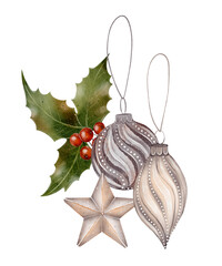 Hand-drawn watercolor illustration of silver Christmas ornaments with holly leaves and red berries on white background. for holiday postcards, greeting cards, packaging, decor and festive design