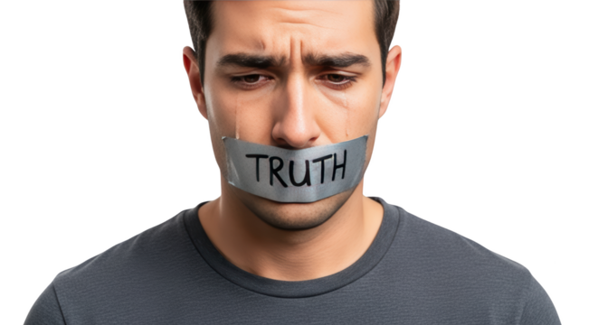 Mans Mouth Sealed with Tape Word Truth detailed illustration featuring sadness, duct tape, powerless,