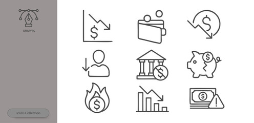 This collection features simple line icons showing various aspects of financial decline. It includes depictions of falling graphs, wallets, banks, and piggy banks