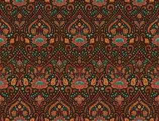 Seamless paisley ogee jaal with lotus buta and dotted vines on espresso brown
