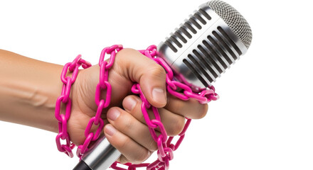 Microphone Chained Symbolizing Censorship Freedom detailed illustration featuring detail, communication, authority, white, limitation, power design concept