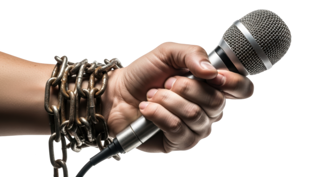Microphone in Hand Chained Freedom Concept detailed illustration featuring voice, silenced, white, background, captive, bound