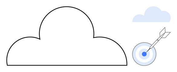 Minimalist cloud outline, blue bullseye with an arrow, small cloud. Ideal for cloud computing, precision, strategy, data analysis, achievement, focus simple flat metaphor