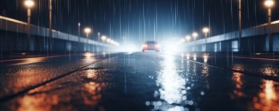 Midnight road or alley with car headlights pointed this way. Wet, hazy asphalt road with construction metal fences on both sides. drag race, crime, midnight activity concept