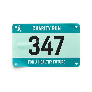 Charity run bib number 347 with teal accents and a ribbon symbol.